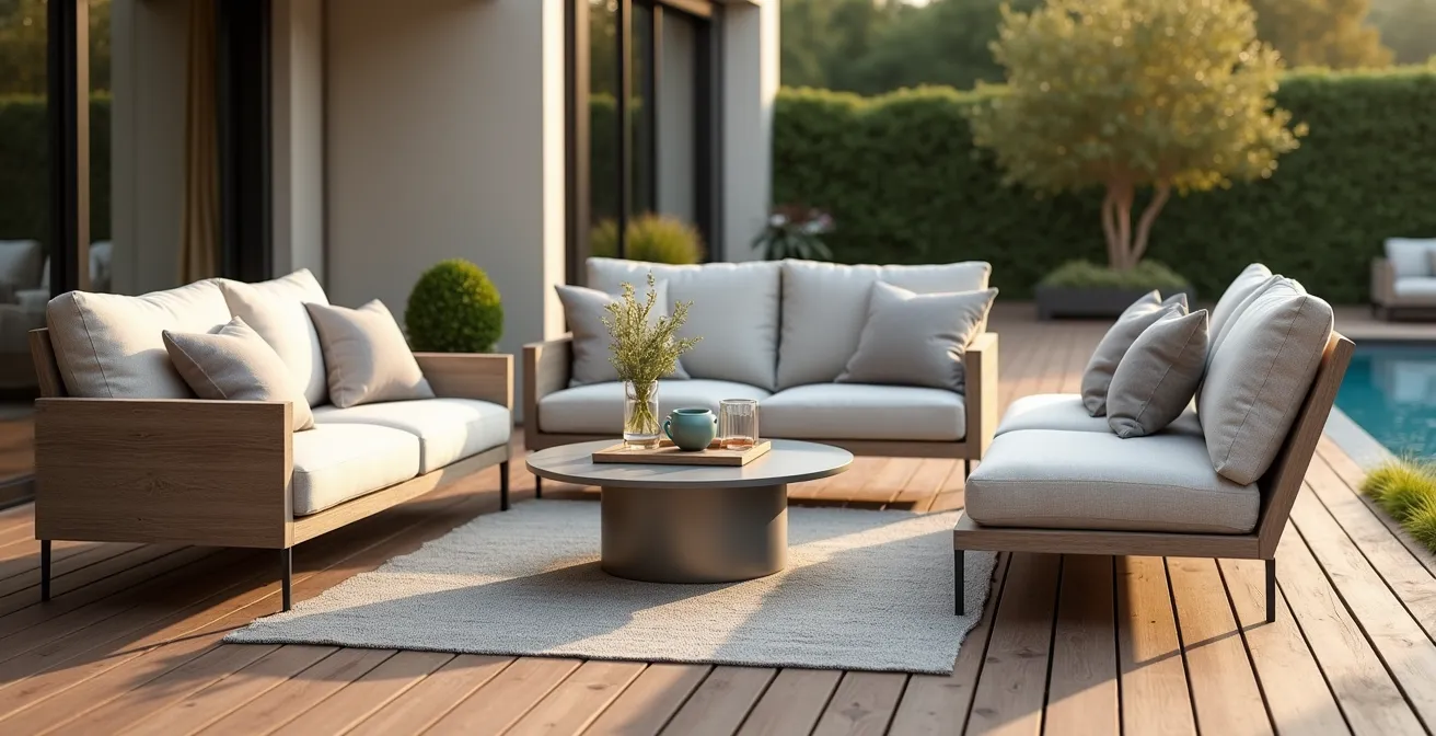 Composition harmonieuse d’un salon de jardin Monte Carlo Mobellia avec canapés et tables basses en aluminium