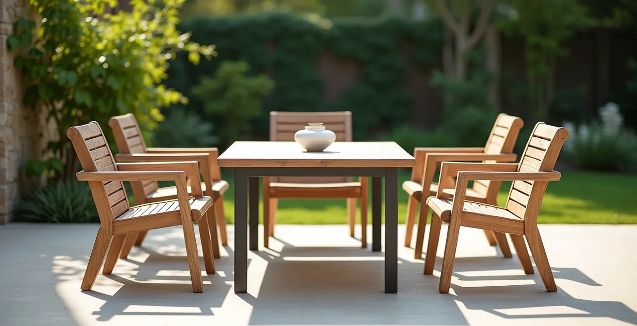 Mobilier extérieur en teck massif, aluminium et céramique sous lumière naturelle avec textures visibles