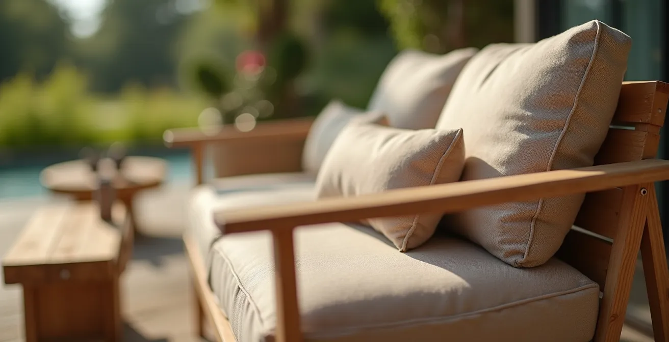 Détail macro de finitions artisanales sur bois et textile dans un mobilier de jardin haut de gamme