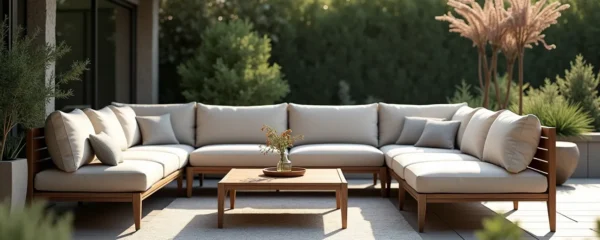 Salon de jardin haut de gamme élégant avec mobilier en aluminium effet bois, coussins épais, ambiance naturelle, éclairage doux, composition équilibrée en extérieur