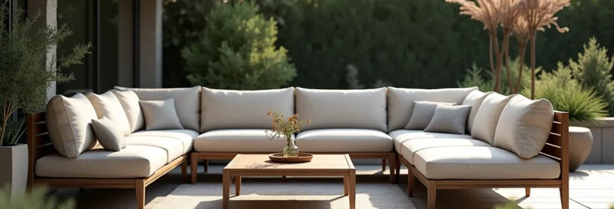 Salon de jardin haut de gamme élégant avec mobilier en aluminium effet bois, coussins épais, ambiance naturelle, éclairage doux, composition équilibrée en extérieur