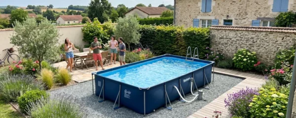 Vue d'ensemble d'un jardin français moderne avec une piscine tubulaire rectangulaire parfaitement installée sur un terrain plat et propre