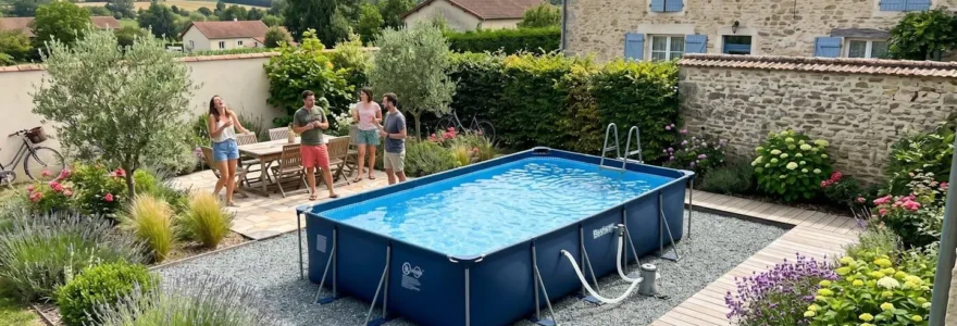 Vue d'ensemble d'un jardin français moderne avec une piscine tubulaire rectangulaire parfaitement installée sur un terrain plat et propre