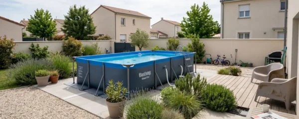 Vue d'ensemble d'un jardin français moderne avec une piscine tubulaire rectangulaire parfaitement installée sur un terrain plat et propre