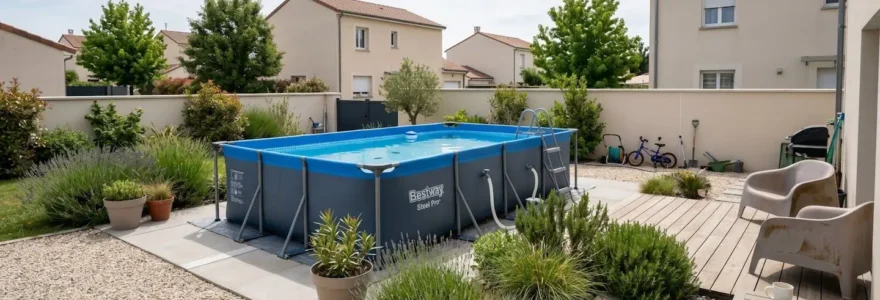Vue d'ensemble d'un jardin français moderne avec une piscine tubulaire rectangulaire parfaitement installée sur un terrain plat et propre