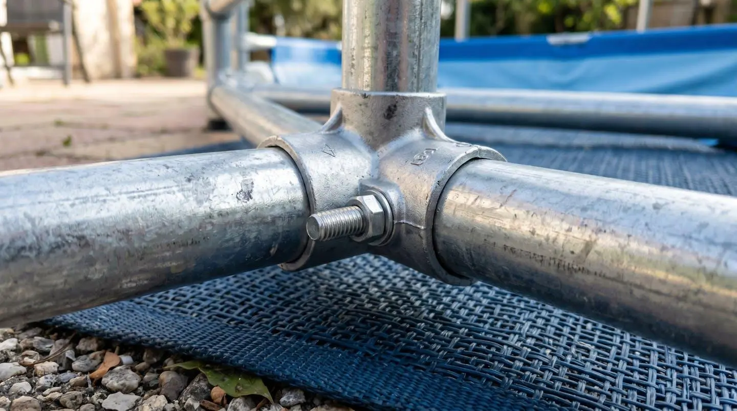 Gros plan détaillé sur une jonction métallique en acier galvanisé d'une piscine tubulaire, montrant la qualité de fabrication et le système de connexion, posée sur un tapis de sol