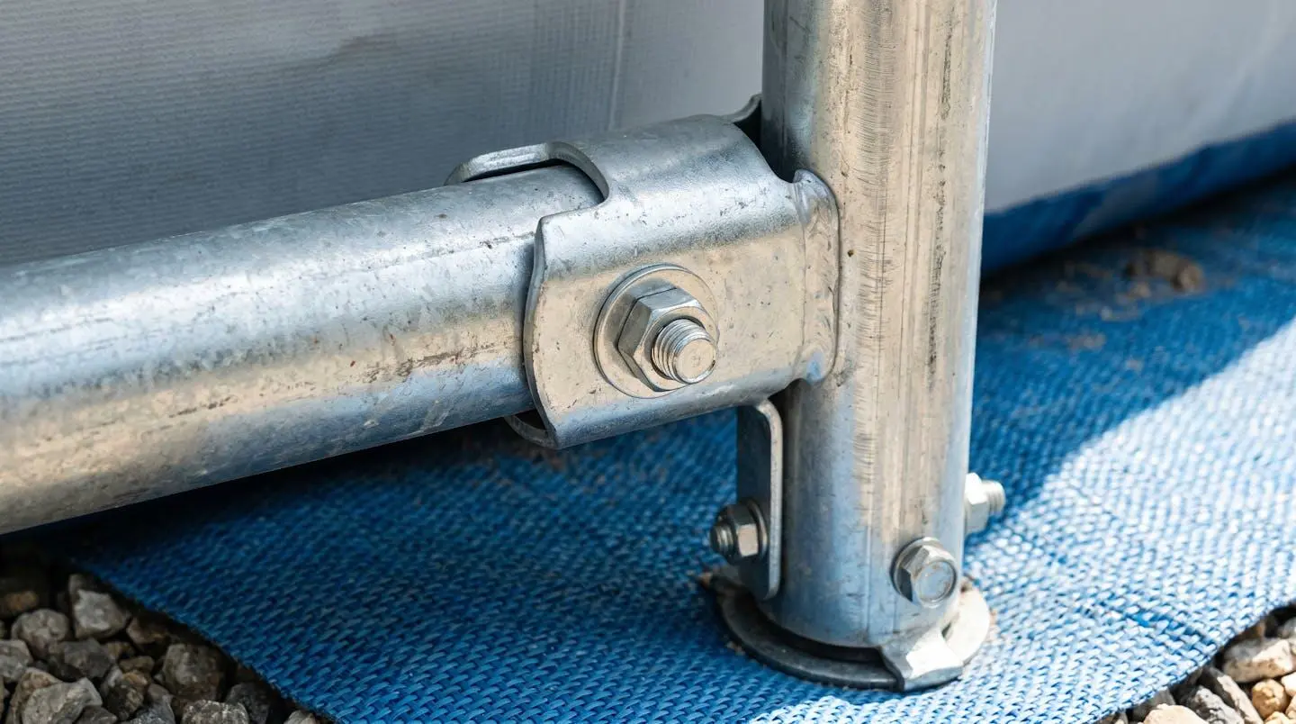 Gros plan détaillé sur une jonction métallique en acier galvanisé d'une piscine tubulaire, montrant la qualité de fabrication et le système de connexion, posée sur un tapis de sol