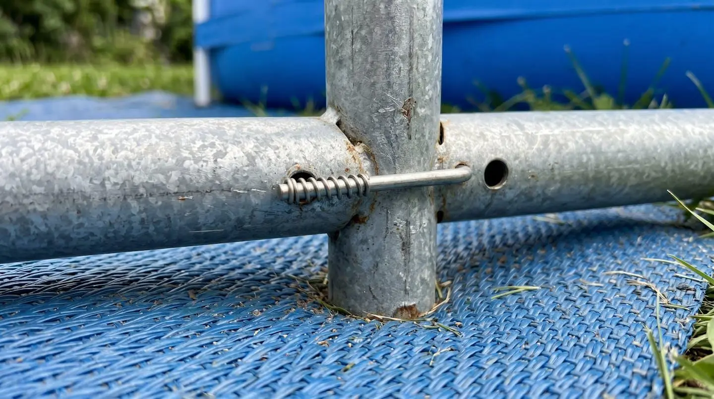 Gros plan détaillé sur une jonction métallique en acier galvanisé d'une piscine tubulaire, montrant la qualité de fabrication et le système de connexion, posée sur un tapis de sol