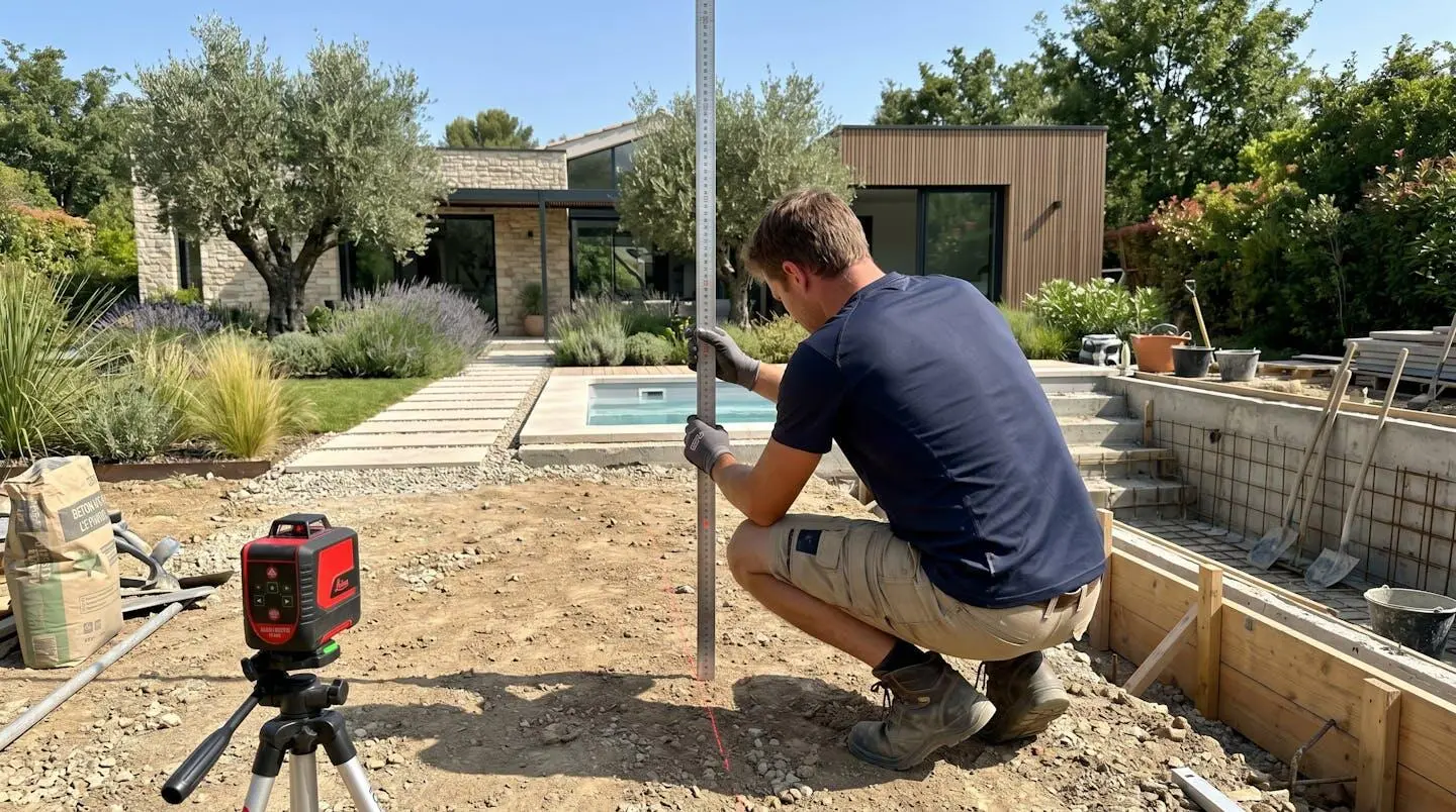 Une personne vue de dos vérifie la planéité du sol à l'aide d'un niveau laser et d'une règle en aluminium lors de la préparation d'un terrain pour piscine dans un jardin français moderne