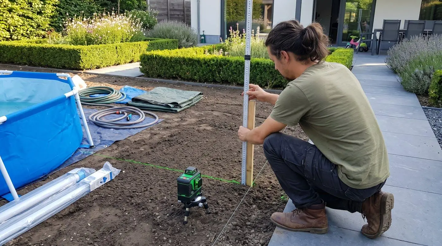 Une personne vue de dos vérifie la planéité du sol à l'aide d'un niveau laser et d'une règle en aluminium lors de la préparation d'un terrain pour piscine dans un jardin français moderne