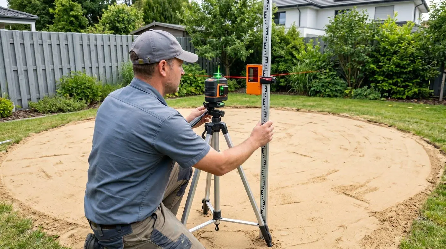 Une personne vue de dos vérifie la planéité du sol à l'aide d'un niveau laser et d'une règle en aluminium lors de la préparation d'un terrain pour piscine dans un jardin français moderne